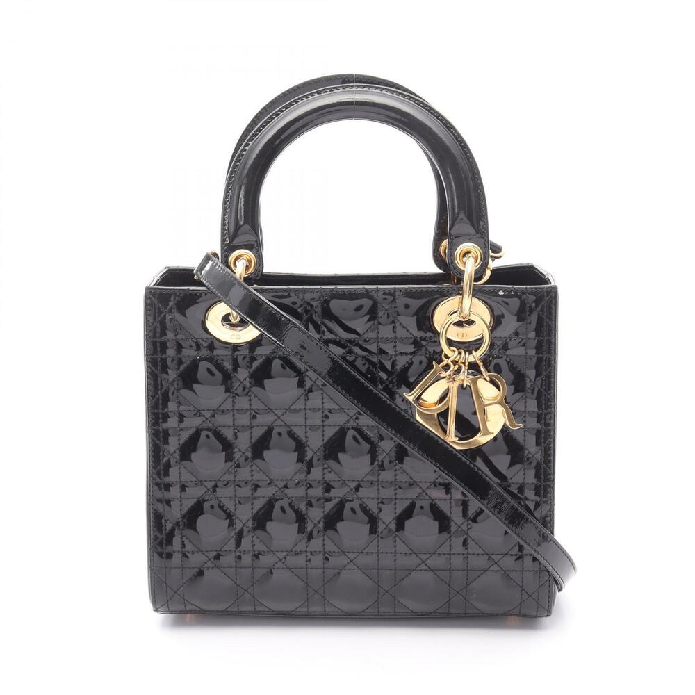 Dior LADY Cannage Handbag Patent Vernis Leather Black